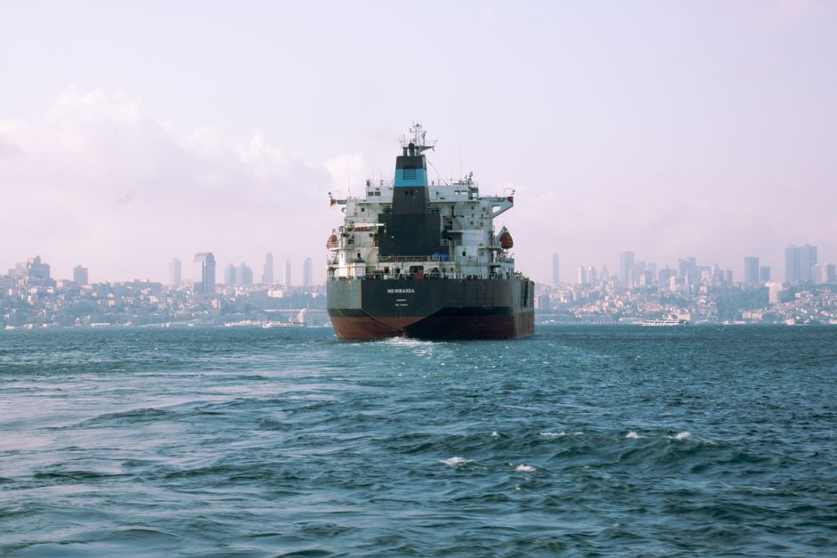 Container ship at the Strait of Hormuz during supply chain disruption